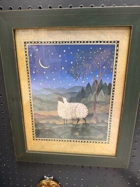Vintage Framed Folk Art Print Diane Ulmer Pedersen Evening Sheep 1999